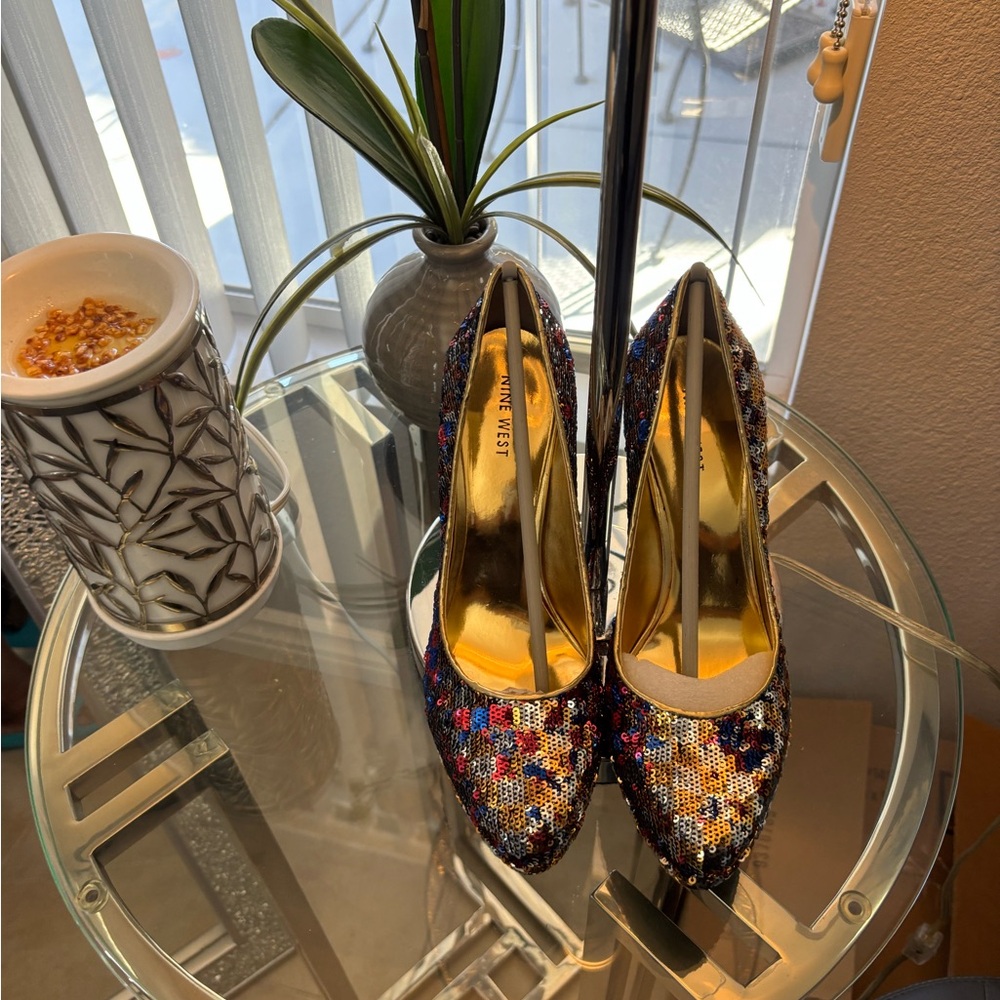Nine West Colorful Sequin Heels with Gold Interior